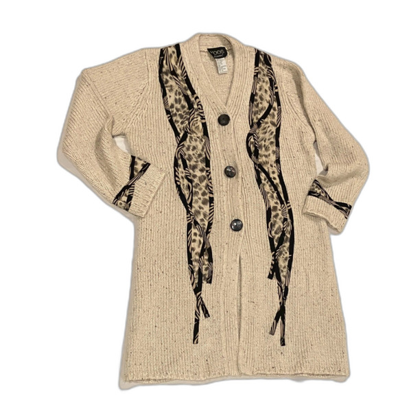 KOOS Of Course! Silk Blend Button Knit Cardigan Silk Applique Long Length XS - Picture 1 of 3